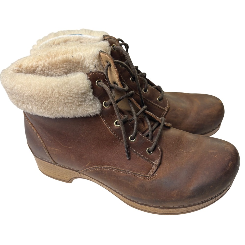 Dansko Ankle Boots Brown‎ Leather Lace Up Sheep Fur Lined Size 40 Euro Flaw